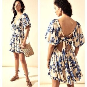 Free People Perfect Day Printed Floral Mini Dress Blue SZ S